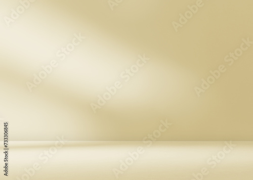 Empty cream beige golden room studio with shadow of leaves for product presentation. Autumn background. Summer tropical backdrop. Cosmetic showroom. 
