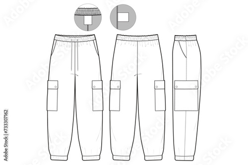 elastic Cargo jogger Pants Flat Technical Drawing Illustration Five Pocket Classic Blank Streetwear Mock-up Template for Design and Tech Packs CAD Outdoor