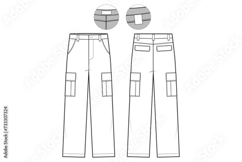 Straight Leg Cargo Pants Flat Technical Drawing Illustration Five Pocket Classic Blank Streetwear Mock-up Template for Design and Tech Packs CAD Outdoor