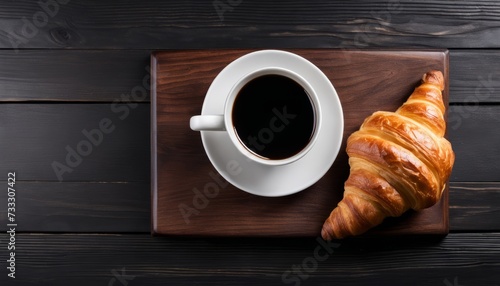 A cup of coffee and a croissant on a wooden table