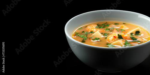 Tom Yum Goong Soup with Fresh Shrimp. Thai Tom Yum soup garnished with cilantro in a bowl, copy space.