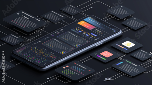 A detailed isometric smartphone showing a live analytics dashboard with fluctuating graphs and key performance indicators.