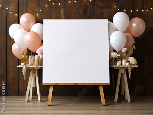 Cavas with a white surface and have an empty space placed on a wooden easel stand. Decoration with the style and theme of the celebration and party decorated around it.