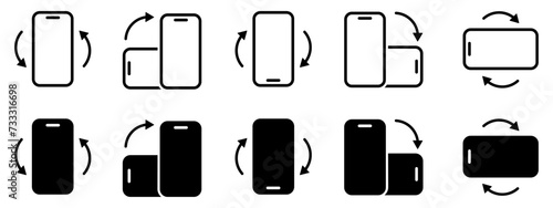 Rotate mobile phone icon set, turn phone around, device rotation with arrows, rotate smartphone - vector
