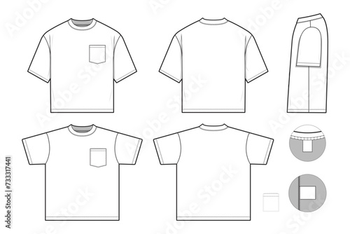 regular fit tee top pocket t-shirt flat technical drawing illustration short sleeve blank streetwear mock-up template for design and tech packs women