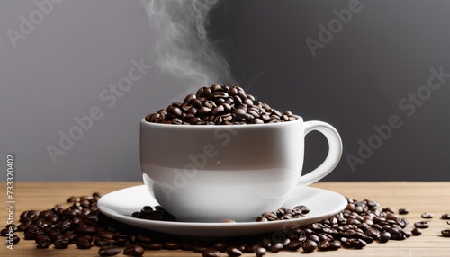 A cup of coffee with beans on the table