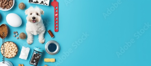 Different pet accessories and food on blue background.