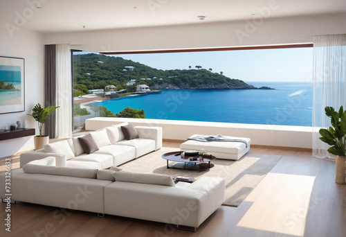 Interior of modern living room sofa or couch with beautiful sea view. 
