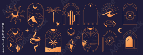 Boho logo set. Bohemian mystic line icons. Simple hand drawn arch magic esoteric symbols, astrology logos, frame design templates with desert landscape, cactus, sun, moon, crystal, palm and mountains.