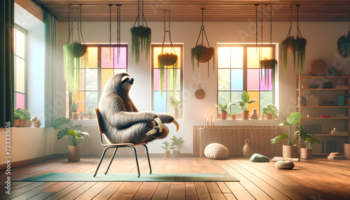Sloth practices yoga on a chair in a studio