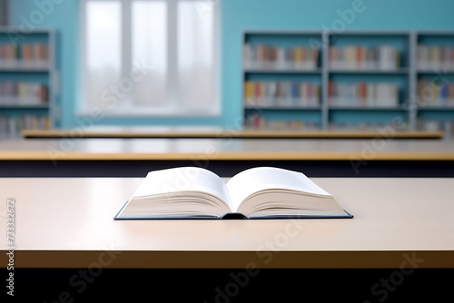 open textbook on desk in the library of school, isolated, behind window