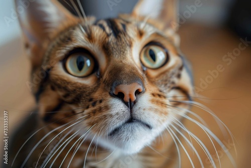 A domestic felidae with mesmerizing eyes and delicate whiskers, this indoor cat exudes elegance and grace as it gazes into the camera, showcasing its soft fur and innate mammalian beauty