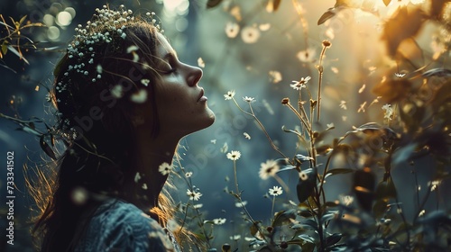 A woman is shown in profile within a field of flowers, with her eyes closed and her head tilted upwards towards light filtering through foliage. A serene expression adorns her face. Her dark hair is a