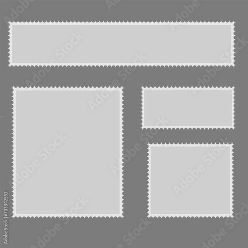Postcard stamp frames. Blank postage stamps, empty postmark and square mark frame border vector set. Clean postal office stickers collection. Various rectangular mail stamps with copyspace stock illus