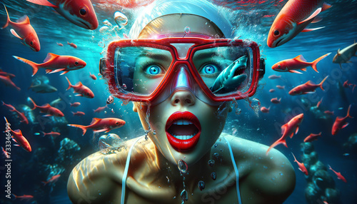 Shocked woman underwater in a red snorkeling mask surrounded by red fish and a looming shark, expressing astonishment and fear in a deep blue sea.Danger concept. AI generated.