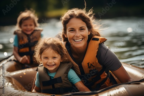 Mother and children having fun on rafting