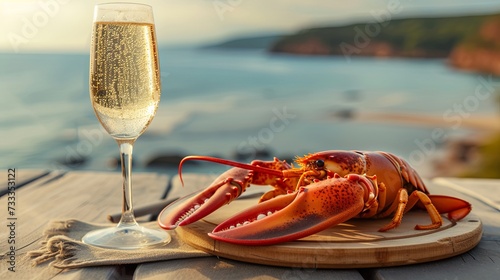 Delicious dinner with lobster and champagne on sea resort sunset wallpaper background