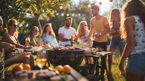 Group of friends having a party outdoors in the garden and barbecue garden grill with beef steaks