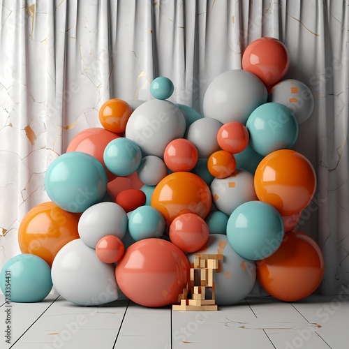 Elegant Pastel Balloons and Wooden Cube Abstract Arrangement.
