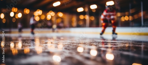 Close up of ice hockey stick on ice rink