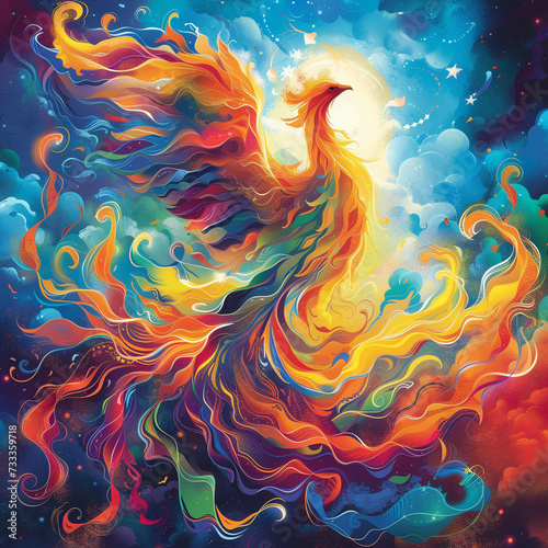 Illustrate a mythical phoenix reborn flames swirling in a vibrant spectacle of renewal