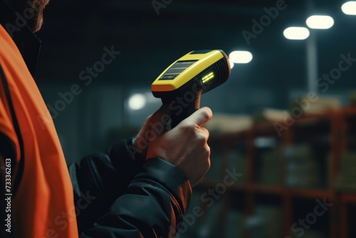 A man in an orange vest holding a handheld scanner. This image can be used for inventory management, logistics, or warehouse operations