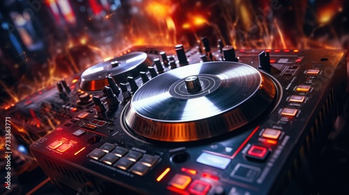 A close-up view of a DJ's turntable with a blurry background. Perfect for music-related projects or events
