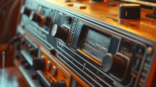 A detailed close up of a vintage radio sitting on a wooden table. Perfect for illustrating nostalgia or retro themes