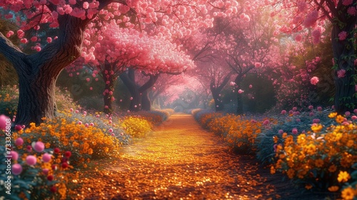Obraz przedstawiający pokrytą płatkami ścieżkę w parku z licznymi kolorowymi kwiatami i wysokimi drzewami.