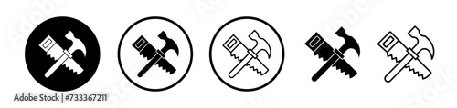Craftsmanship Tools Line Icon. Saw and hammer icon in black and white color.