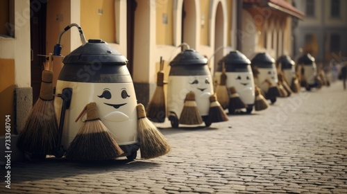 Funny old robots cleaner on a city street, vacuum and mop the floor