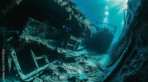 Drowning old ship interior diving wallpaper background