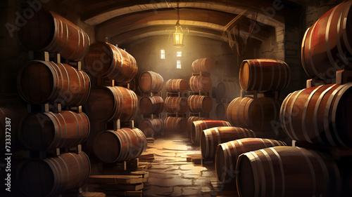 "Rustic Wine Cellar" - A richly detailed digital illustration showcasing wooden barrels in a wine cellar, meticulously crafted to convey the rustic elegance