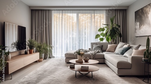 Nowoczesny przytulny salon z kanapą sofą zasłonami firanami i domowymi roślinami