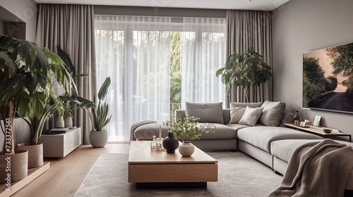 Nowoczesny przytulny salon z kanapą sofą zasłonami firanami i domowymi roślinami