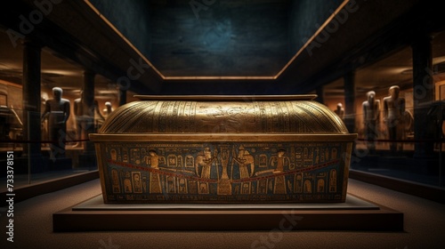 A pharaoh's sarcophagus in a tomb, a closed sarcophagus in a tomb.