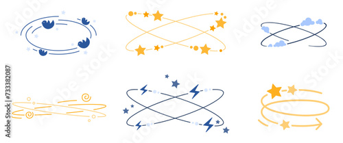 Dizzy line icons set. Vertigo and dizziness symbols collection with spinning stars and clouds motion, flying birds and scribbles, headache and stupid feeling, hangover metaphor vector illustration