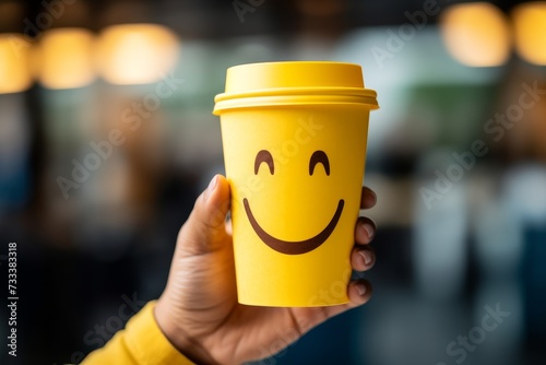 Smiling hands holding a vibrant blue coffee cup to counter the blue monday concept of feeling down