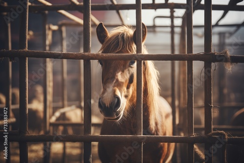 Young sad horses locked behind a cage 