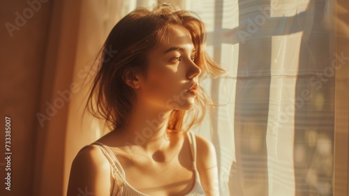 Woman bathed in golden sunlight near a window with a sheer curtain