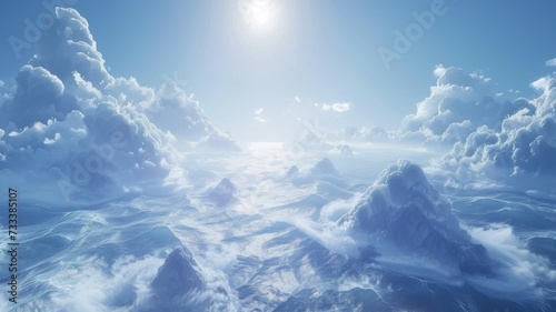 Sunlight filters through soft clouds over an expansive snowbound landscape