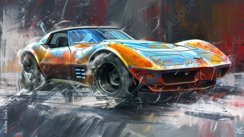 A classic Corvette painted in action with a flurry of abstract elements