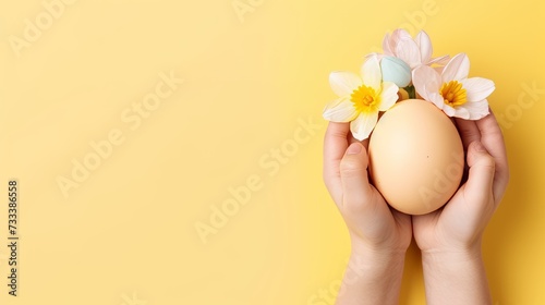 Easter background, close-up, children's hands hold a Pascal egg and spring flowers in their palms on a beige background, copy space