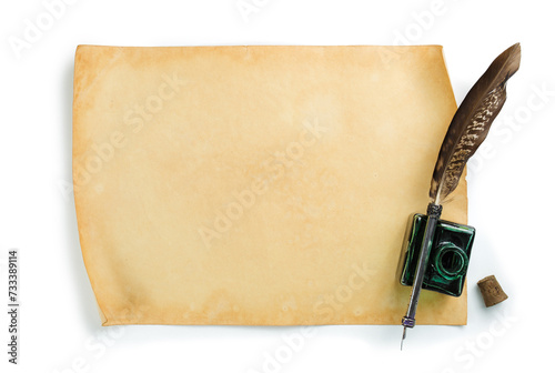Old paper sheet with quill pen and ink bottle isolated on white background
