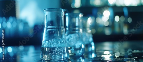 Transparent liquid on scientific glassware for chemical experiment research laboratory background.