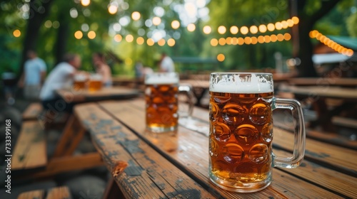 A lively beer garden, with long wooden tables and steins of beer clinking together in celebration