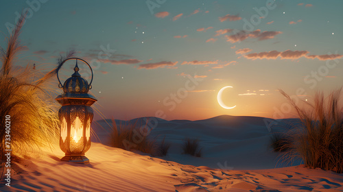 3D render of illuminated arabic lamp on a sand dune with a realistic crescent moon, depicting an Islamic religious concept.