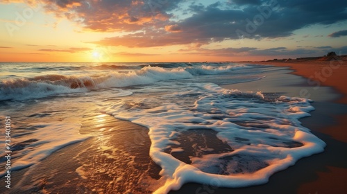 The sun descends below the horizon, illuminating the ocean waves with warm colors at the beach.