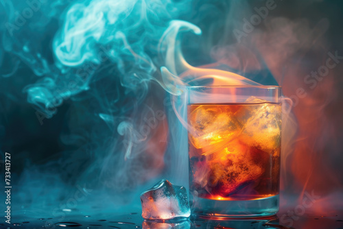 photo of a hot and cold drink with a steam and a ice cube