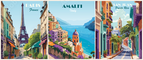 Set of Travel Destination Posters in retro style. Paris, France, Amalfi coast, Italy, San Juan, Puerto Rico prints. Exotic summer vacation, holidays concept. Vintage vector colorful illustrations.